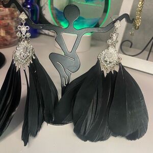 Beautiful Black Feather & Rhinestone Earrings